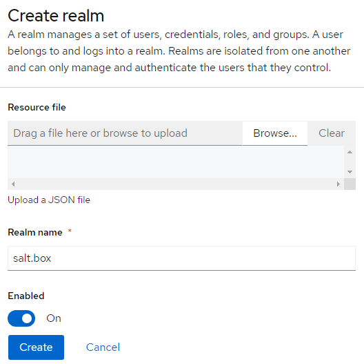 Dialog box for creating a new realm