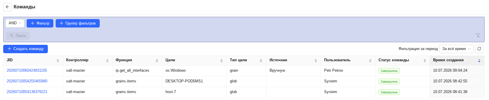 Выполненная команда на странице "Команды"