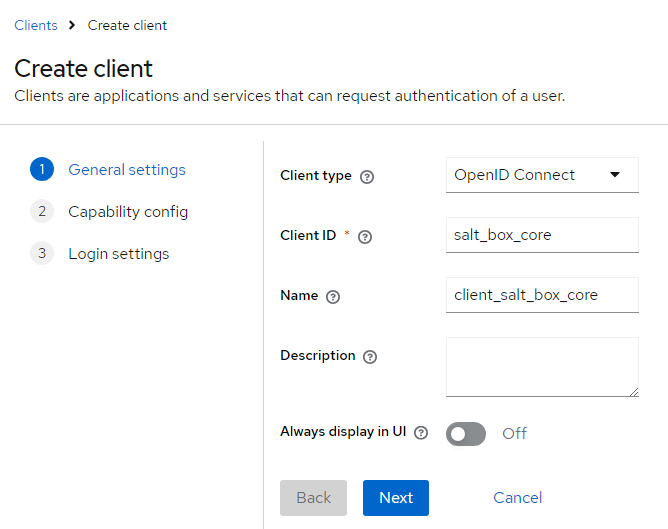 Creating a client: General settings tab
