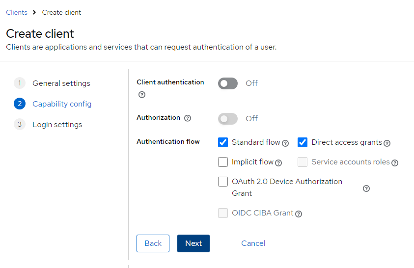 Creating a client: Capability config tab