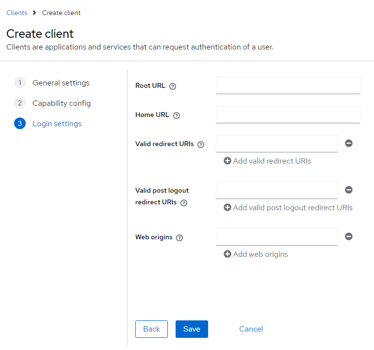 Creating a client: Login settings tab