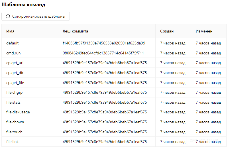 Страница шаблонов команд Страница шаблонов команд